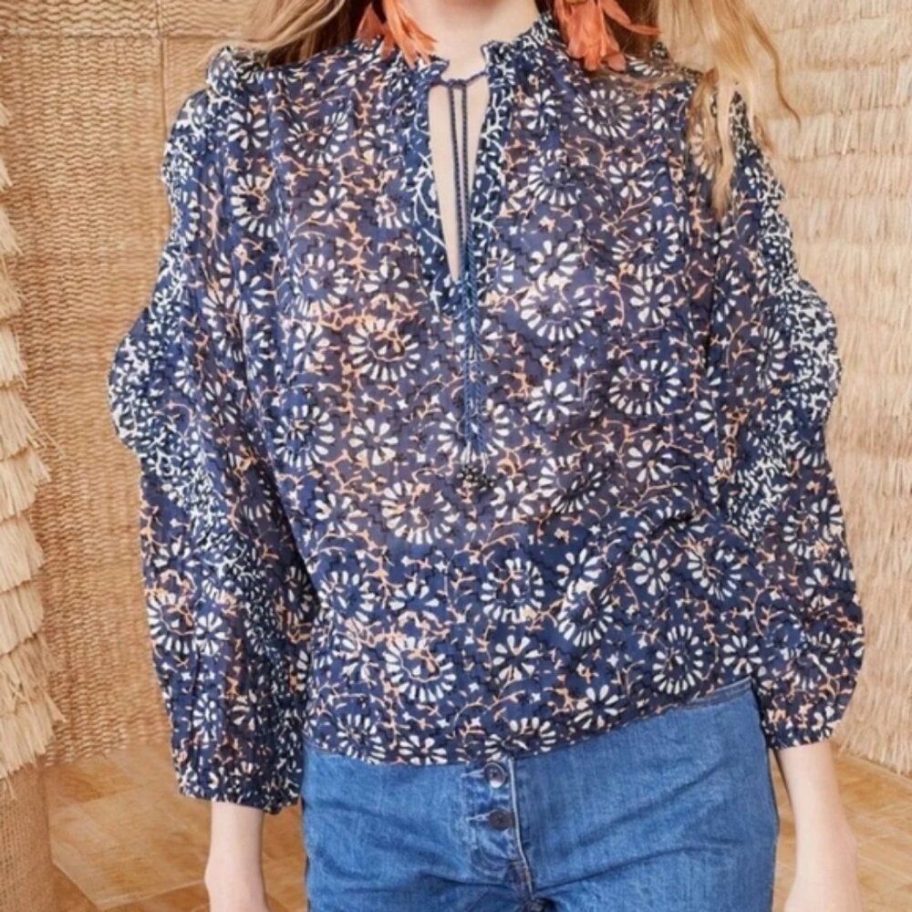 Ulla Johnson Lillian Ruffle Long-Sleeve Floral Cotton Blouse Cream Blue Small